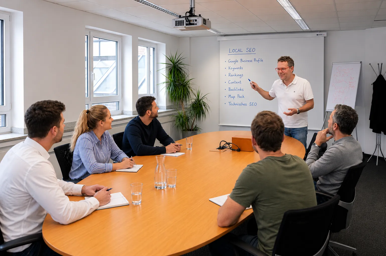Frank Sommer erklärt einem Kundenteam Local-SEO-Grundlagen am Whiteboard