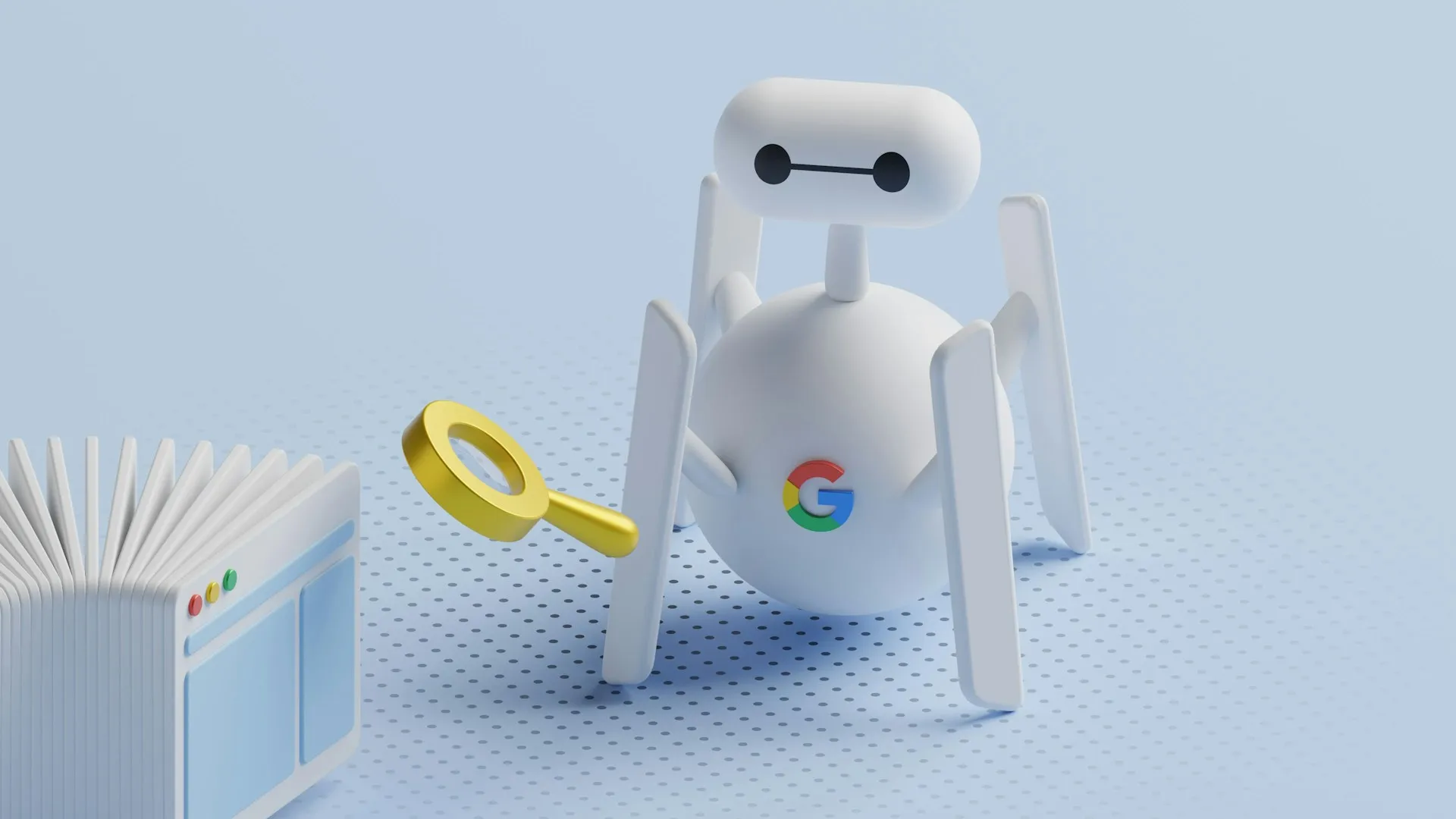 Illustration eines Suchmaschinen-Crawlers mit Lupe vor einem Browserfenster