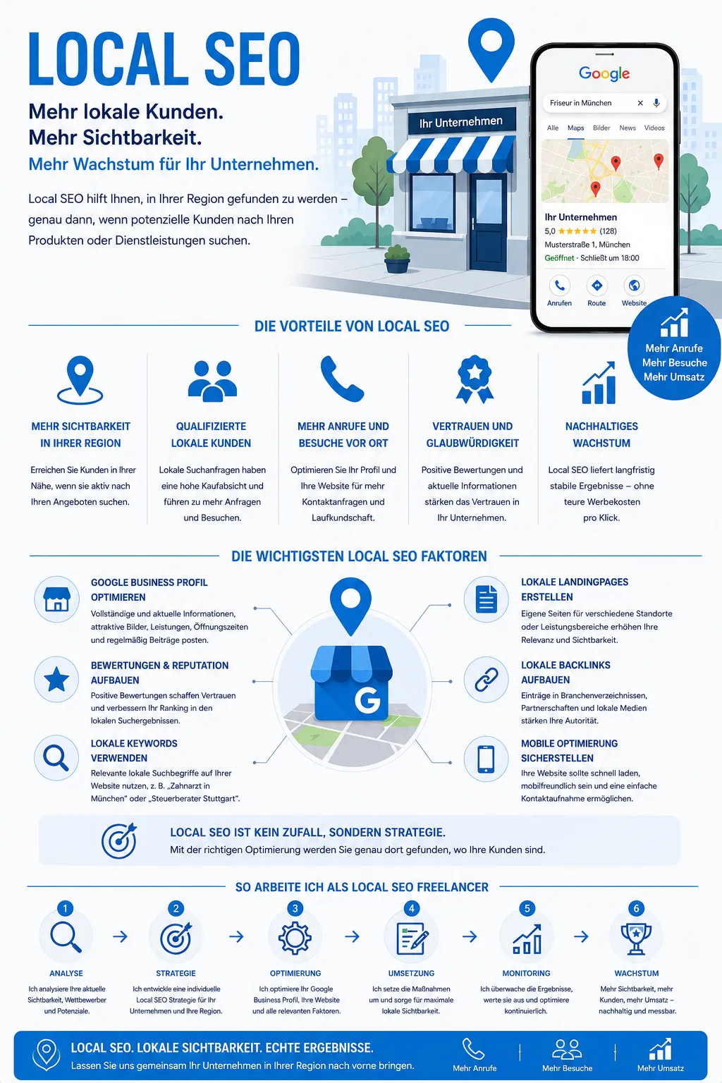 Infografik „Local SEO Grundlagen“: Vorteile, die wichtigsten Rankingfaktoren und der Ablauf einer Zusammenarbeit in sechs Schritten