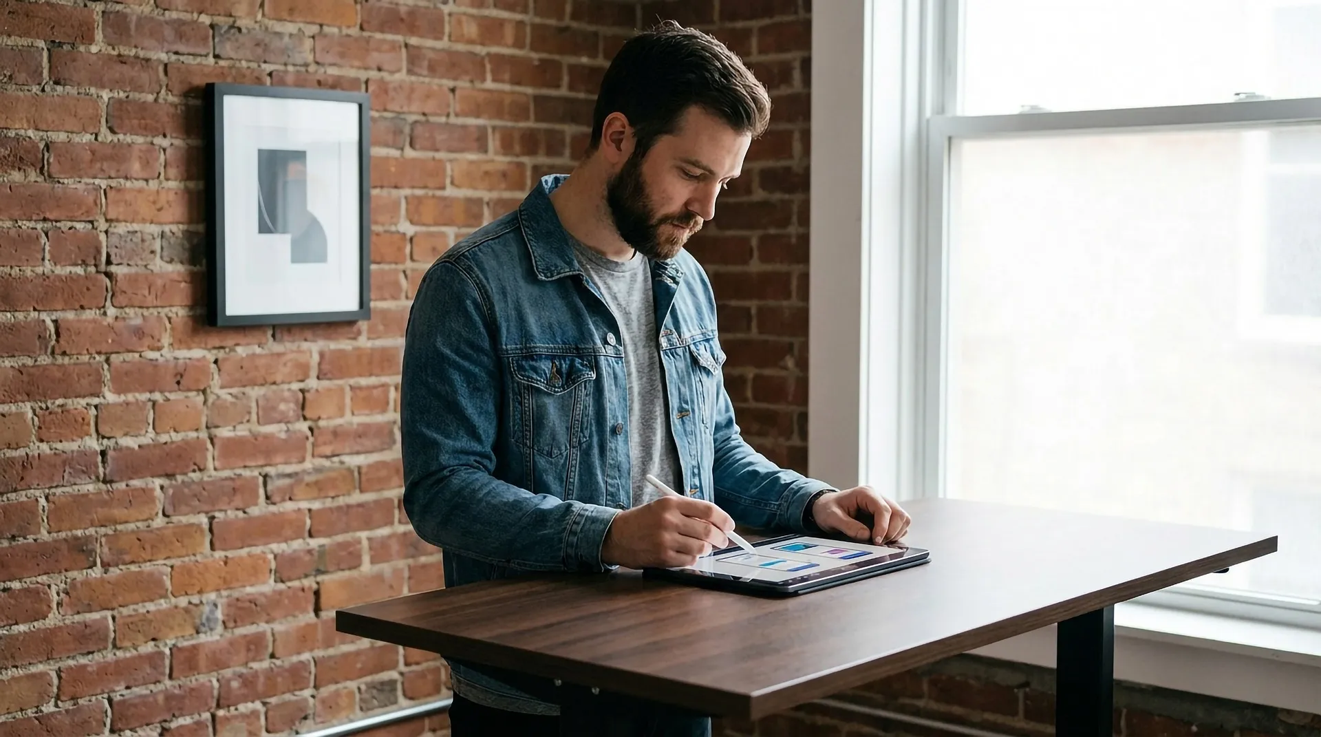 Person arbeitet konzentriert an einem Tablet an einem Stehtisch